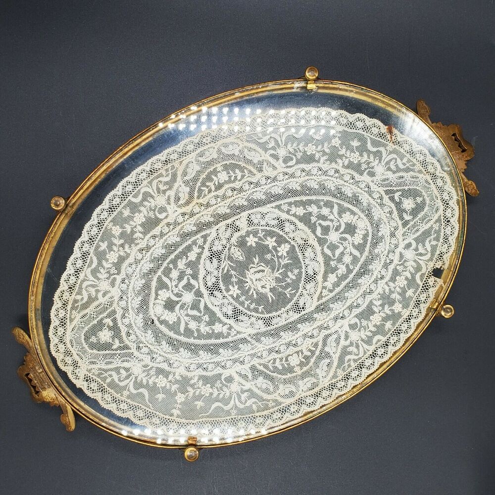 Etchardt VTG Antique 1920's Vanity Tray Silver Handles Lace Glass Brass Copper